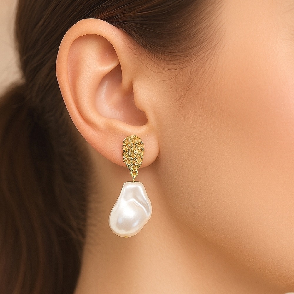 Gold faux pearl earrings Baroque dangle Formal Wedding Cocktail event 💖 - Picture 1 of 13